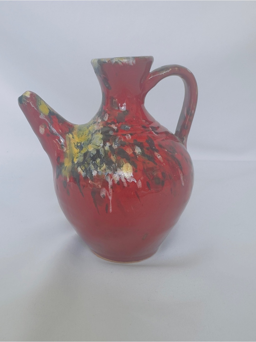 Studio Art Pottery Clay Handmade Jug Ewer Spouted Handle Red Multi-Color Drip